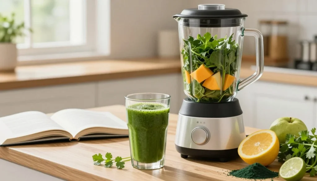 A clean, well-lit kitchen setting serves as the backdrop, showcasing a wooden countertop with fresh ingredients for a detox smoothie. In the foreground, a transparent blender filled with vibrant leafy greens, bright fruits, and ingredients known for detoxing heavy metals, like cilantro and spirulina. A glass filled with the finished detox smoothie, its rich green color glimmering, is placed beside the blender. To the left, an open recipe book displays healthy tips about detoxing. Soft, natural light streams from a nearby window, creating an inviting, fresh atmosphere. The focus should be on the colorful ingredients and the nourishing smoothie, promoting a sense of health and vitality, with a shallow depth of field emphasizing the textures and colors of the produce.