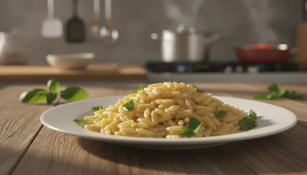 A close-up of beautifully cooked risoni pasta shaped like grains of rice, glistening with a light drizzle of olive oil. The texture is soft yet slightly al dente, reflecting warmth and inviting comfort. In the foreground, a pristine white plate showcases the pasta surrounded by fresh herbs like basil and parsley, adding vibrant green contrast. In the middle ground, a rustic wooden table sets a warm, homey atmosphere, while delicate sunlight streams in from the side, casting subtle shadows and enhancing the golden tones of the pasta. In the background, a soft-focus kitchen setting hints at culinary activity, with blurred utensils and a fragrant pot of simmering sauce, evoking a cozy, inviting ambiance.
