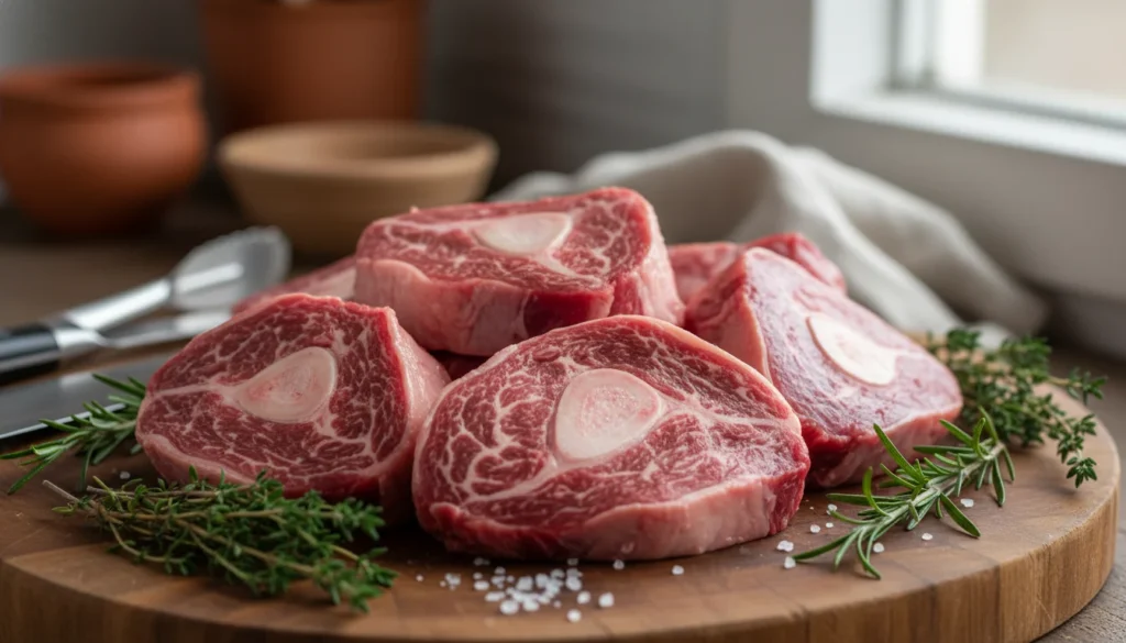 A close-up of raw beef cheek meat prepared for cooking, showcasing its rich, marbled texture and deep red color. The meat is presented on a wooden chopping board, surrounded by fresh herbs such as thyme and rosemary, and a sprinkle of coarse sea salt. In the background, there are partially visible kitchen utensils and a slightly blurred rustic kitchen setting to create a warm atmosphere. Soft, natural lighting highlights the glistening surface of the meat, enhancing its appeal. The focus is primarily on the beef cheek, emphasizing its succulent quality and inviting the viewer to imagine its potential for tender, flavorful dishes. A close-up of raw beef cheek meat prepared for cooking, showcasing its rich, marbled texture and deep red color. The meat is presented on a wooden chopping board, surrounded by fresh herbs such as thyme and rosemary, and a sprinkle of coarse sea salt. In the background, there are partially visible kitchen utensils and a slightly blurred rustic kitchen setting to create a warm atmosphere. Soft, natural lighting highlights the glistening surface of the meat, enhancing its appeal. The focus is primarily on the beef cheek, emphasizing its succulent quality and inviting the viewer to imagine its potential for tender, flavorful dishes.
