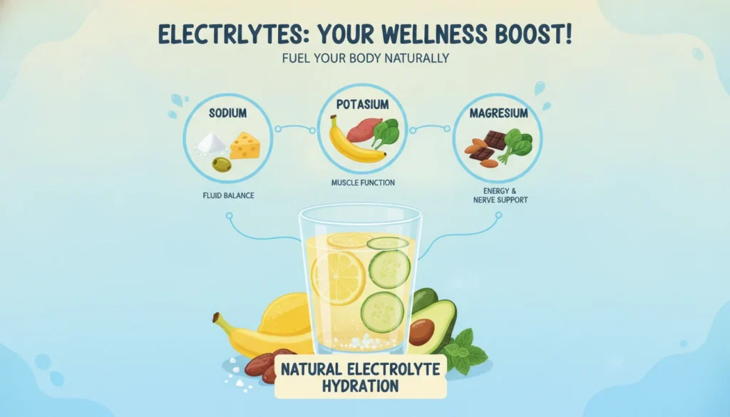 A colorful and informative illustration depicting the concept of electrolytes in a vibrant, engaging way. In the foreground, a clear glass filled with an electrolyte drink made from natural ingredients like lemon, cucumber, and sea salt, surrounded by fresh fruits and herbs. In the middle ground, a detailed infographic-style depiction of essential electrolytes—like sodium, potassium, and magnesium—illustrated with their food sources and benefits. The background features a soft, warm gradient suggesting vitality, with abstract elements symbolizing hydration, such as water droplets. Natural light illuminates the scene from an upper corner, enhancing a fresh and healthy atmosphere. Capture a perspective that invites curiosity and understanding, emphasizing the importance of electrolytes for overall wellness. A colorful and informative illustration depicting the concept of electrolytes in a vibrant, engaging way. In the foreground, a clear glass filled with an electrolyte drink made from natural ingredients like lemon, cucumber, and sea salt, surrounded by fresh fruits and herbs. In the middle ground, a detailed infographic-style depiction of essential electrolytes—like sodium, potassium, and magnesium—illustrated with their food sources and benefits. The background features a soft, warm gradient suggesting vitality, with abstract elements symbolizing hydration, such as water droplets. Natural light illuminates the scene from an upper corner, enhancing a fresh and healthy atmosphere. Capture a perspective that invites curiosity and understanding, emphasizing the importance of electrolytes for overall wellness.