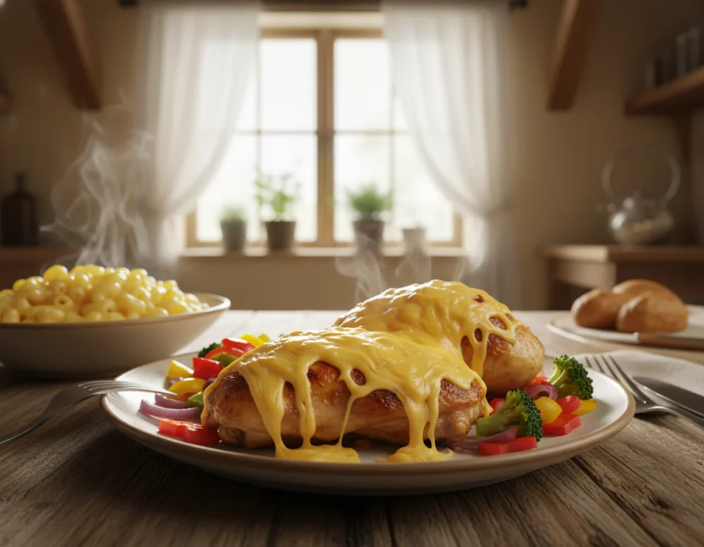 A cozy kitchen scene featuring a delicious plate of chicken cheez, exuding warmth and comfort. In the foreground, fluffy chicken pieces are generously topped with rich, melted cheese, surrounded by a colorful medley of sautéed vegetables, like bell peppers and broccoli. The middle ground showcases a rustic wooden table set with a fork and knife, alongside a steaming bowl of macaroni. In the background, warm, natural lighting filters through a window adorned with light curtains, illuminating the inviting scene. The atmosphere is homey and comforting, embodying the essence of a family meal. Capture the textures of the cheese and the golden-brown chicken, with a slight depth of field to keep the focus on the food, evoking feelings of nostalgia and satisfaction.