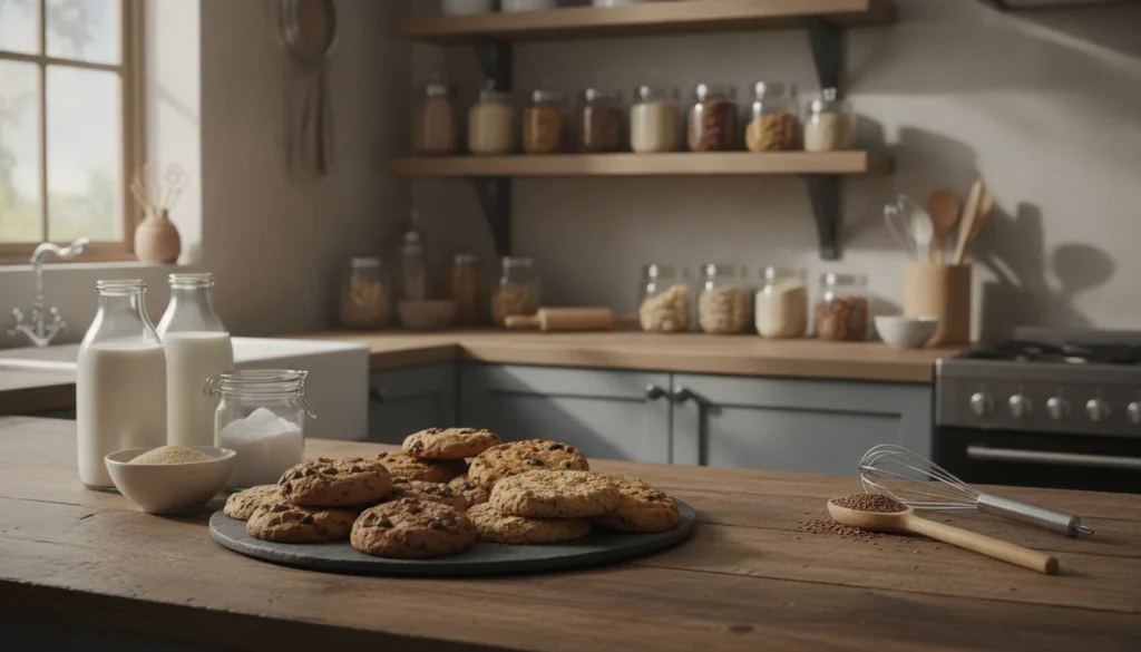 A cozy kitchen scene featuring a variety of dairy-free cookies displayed on a rustic wooden table. In the foreground, focus on freshly baked cookies: chocolate chip, oatmeal raisin, and peanut butter, with ingredients like almond milk and coconut oil artfully arranged beside them. The middle ground reveals a bright, inviting kitchen with soft, natural lighting illuminating the space from a window, casting gentle shadows. In the background, shelves filled with jars of nuts, whole grains, and baking tools suggest a well-stocked kitchen for baking enthusiasts. The atmosphere is warm and homely, evoking a sense of comfort and creativity in baking, perfect for a dairy-free lifestyle. The lens captures the scene from a slightly elevated angle, creating depth and inviting viewers into the delightful world of dairy-free baking. A cozy kitchen scene featuring a variety of dairy-free cookies displayed on a rustic wooden table. In the foreground, focus on freshly baked cookies: chocolate chip, oatmeal raisin, and peanut butter, with ingredients like almond milk and coconut oil artfully arranged beside them. The middle ground reveals a bright, inviting kitchen with soft, natural lighting illuminating the space from a window, casting gentle shadows. In the background, shelves filled with jars of nuts, whole grains, and baking tools suggest a well-stocked kitchen for baking enthusiasts. The atmosphere is warm and homely, evoking a sense of comfort and creativity in baking, perfect for a dairy-free lifestyle. The lens captures the scene from a slightly elevated angle, creating depth and inviting viewers into the delightful world of dairy-free baking.