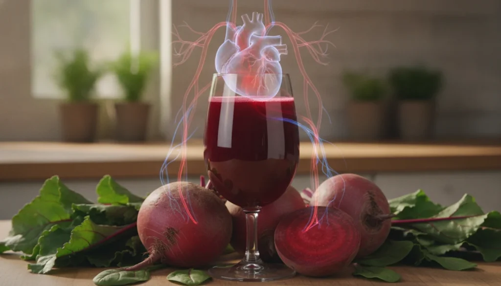 A glass of vibrant organic beet juice sits prominently in the foreground, reflecting the deep crimson hue of the juice. Surrounding the glass are fresh, whole beets and leafy greens, emphasizing the natural origins. In the middle ground, a subtle representation of a human circulatory system is artistically intertwined with flowing lines of energy, symbolizing improved blood circulation. The background features a softly blurred kitchen setting with warm, inviting lighting, suggesting health and vitality. The atmosphere is fresh and invigorating, highlighting the benefits of beet juice. Capture the image with a soft focus lens and a slightly elevated angle to draw attention to the beet juice and its natural ingredients, creating a harmonious balance of color and meaning. A glass of vibrant organic beet juice sits prominently in the foreground, reflecting the deep crimson hue of the juice. Surrounding the glass are fresh, whole beets and leafy greens, emphasizing the natural origins. In the middle ground, a subtle representation of a human circulatory system is artistically intertwined with flowing lines of energy, symbolizing improved blood circulation. The background features a softly blurred kitchen setting with warm, inviting lighting, suggesting health and vitality. The atmosphere is fresh and invigorating, highlighting the benefits of beet juice. Capture the image with a soft focus lens and a slightly elevated angle to draw attention to the beet juice and its natural ingredients, creating a harmonious balance of color and meaning.