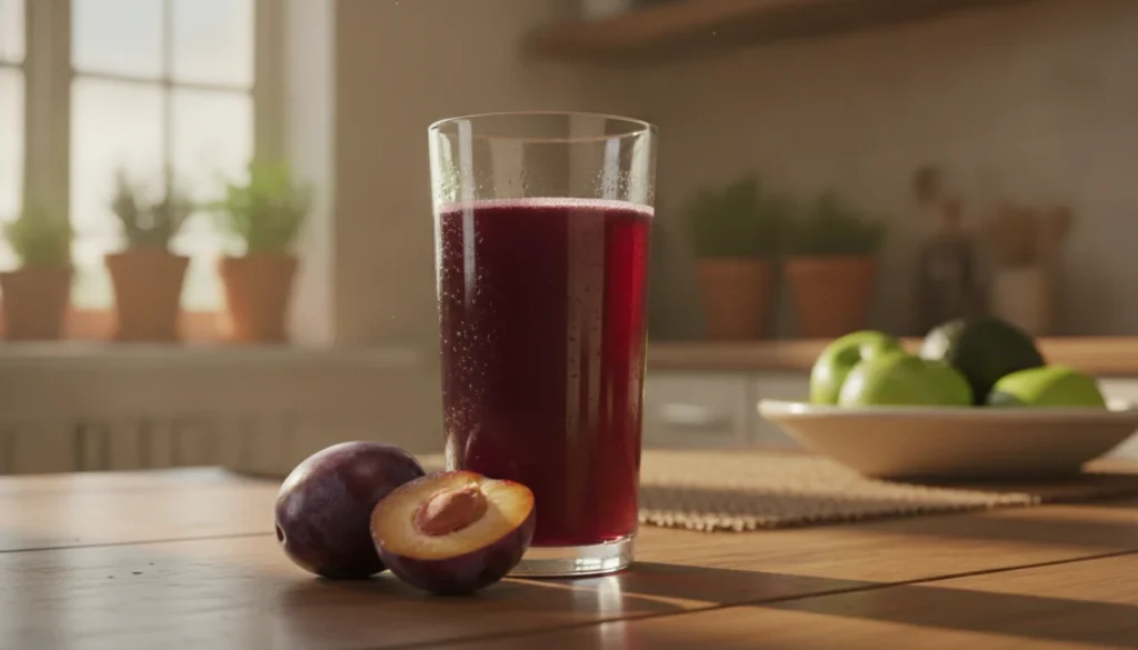 A glass of vibrant organic plum juice, rich in deep purple hues, sitting elegantly on a wooden table. In the foreground, droplets of condensation glisten on the glass, emphasizing its freshness. Beside it, a few whole plums, showcasing their glossy skin and inviting textures, add a touch of color. In the middle ground, softly blurred, a rustic kitchen setting with natural light streaming in through a window, creating a warm and inviting atmosphere. The background features soft-focus elements like fresh greens and subtle kitchenware, suggesting a wholesome lifestyle. The overall mood is refreshing and vibrant, capturing the essence of health and vitality. The image is bright and well-lit, with soft shadows to enhance depth and dimensionality, evoking a sense of natural goodness.