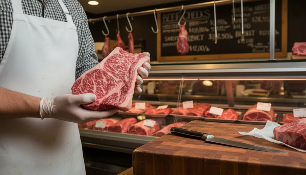 A professional butcher inspecting quality beef cheeks in a clean, well-lit meat shop. In the foreground, a pair of hands wearing white gloves carefully hold a fresh beef cheek, showcasing its rich marbling and dark red color. The butcher is focused and dressed in a classic butcher's apron, with a sharp knife resting on a wooden cutting board beside them. In the middle ground, various cuts of beef are displayed on a refrigerated glass case, highlighting the differences in quality. The background features hanging meat hooks and a chalkboard menu displaying prices. Soft overhead lighting creates a warm and inviting atmosphere, emphasizing the freshness of the meat and the expertise of the butcher. A professional butcher inspecting quality beef cheeks in a clean, well-lit meat shop. In the foreground, a pair of hands wearing white gloves carefully hold a fresh beef cheek, showcasing its rich marbling and dark red color. The butcher is focused and dressed in a classic butcher's apron, with a sharp knife resting on a wooden cutting board beside them. In the middle ground, various cuts of beef are displayed on a refrigerated glass case, highlighting the differences in quality. The background features hanging meat hooks and a chalkboard menu displaying prices. Soft overhead lighting creates a warm and inviting atmosphere, emphasizing the freshness of the meat and the expertise of the butcher.
