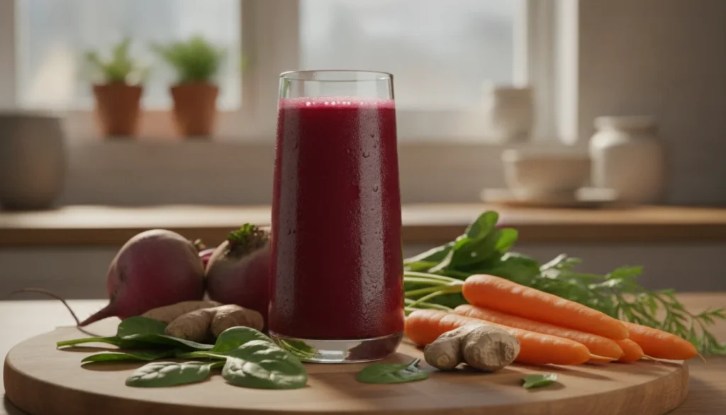 A refreshing glass of cold pressed organic beet juice sits prominently in the foreground, glistening with condensation. Surrounding it are vibrant, fresh ingredients including whole organic beets, a handful of crisp green spinach, bright orange carrots, and zesty ginger root. A wooden cutting board serves as the base, adding a rustic feel. In the middle background, there are soft, blurred elements of a cozy kitchen with natural light streaming through a window, casting warm, inviting shadows. The atmosphere is healthy and invigorating, evoking a sense of vitality and wellness. The angle is slightly elevated to capture the juice's rich, deep crimson color and the freshness of the ingredients, emphasizing the organic nature of the juice. A refreshing glass of cold pressed organic beet juice sits prominently in the foreground, glistening with condensation. Surrounding it are vibrant, fresh ingredients including whole organic beets, a handful of crisp green spinach, bright orange carrots, and zesty ginger root. A wooden cutting board serves as the base, adding a rustic feel. In the middle background, there are soft, blurred elements of a cozy kitchen with natural light streaming through a window, casting warm, inviting shadows. The atmosphere is healthy and invigorating, evoking a sense of vitality and wellness. The angle is slightly elevated to capture the juice's rich, deep crimson color and the freshness of the ingredients, emphasizing the organic nature of the juice.