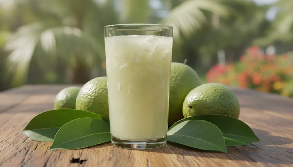 A refreshing glass of guanabana juice sits prominently in the foreground, filled to the brim and glistening under soft, natural light. The juice is a pale green with bits of pulp visible, inviting the viewer to savor its health benefits. Surrounding the glass, lush green guanabana leaves and whole guanabana fruit are artfully arranged, emphasizing the natural origins of the juice. In the middle ground, a rustic wooden table provides warmth, with subtle textures enhancing the inviting atmosphere. The background softly fades into hints of a sunny, tropical garden, adding depth and serenity. The overall mood conveys freshness and vitality, evoking the essence of detoxification and energy, ideal for promoting wellness and natural health benefits. A refreshing glass of guanabana juice sits prominently in the foreground, filled to the brim and glistening under soft, natural light. The juice is a pale green with bits of pulp visible, inviting the viewer to savor its health benefits. Surrounding the glass, lush green guanabana leaves and whole guanabana fruit are artfully arranged, emphasizing the natural origins of the juice. In the middle ground, a rustic wooden table provides warmth, with subtle textures enhancing the inviting atmosphere. The background softly fades into hints of a sunny, tropical garden, adding depth and serenity. The overall mood conveys freshness and vitality, evoking the essence of detoxification and energy, ideal for promoting wellness and natural health benefits.