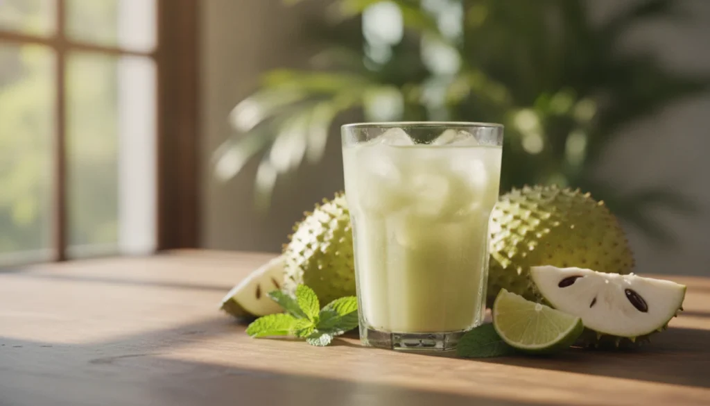 A refreshing glass of soursop juice sits in the foreground, condensation glistening on its surface, showcasing the creamy, pale green liquid. The glass is filled with ice cubes, enhancing the thirst-quenching appeal. Surrounding the glass are fresh soursop fruits, with their spiky skin and vibrant green coloration, alongside scattered mint leaves for a burst of freshness. In the middle ground, a rustic wooden table adds warmth and texture, hinting at a cozy kitchen setting. Soft, natural light filters in from a window, casting gentle shadows and creating a serene atmosphere that emphasizes the natural beauty of the juice. In the blurred background, hints of tropical greenery can be seen, evoking the exotic origins of the guanabana fruit and enhancing the overall refreshing mood. A refreshing glass of soursop juice sits in the foreground, condensation glistening on its surface, showcasing the creamy, pale green liquid. The glass is filled with ice cubes, enhancing the thirst-quenching appeal. Surrounding the glass are fresh soursop fruits, with their spiky skin and vibrant green coloration, alongside scattered mint leaves for a burst of freshness. In the middle ground, a rustic wooden table adds warmth and texture, hinting at a cozy kitchen setting. Soft, natural light filters in from a window, casting gentle shadows and creating a serene atmosphere that emphasizes the natural beauty of the juice. In the blurred background, hints of tropical greenery can be seen, evoking the exotic origins of the guanabana fruit and enhancing the overall refreshing mood.