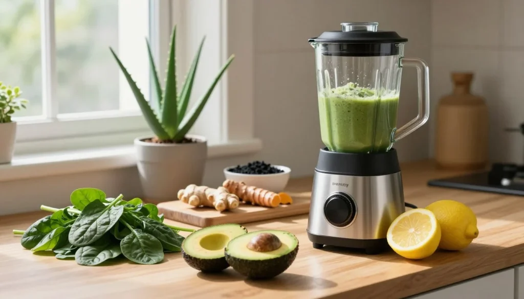 A serene kitchen setting bathed in soft, natural light, showcasing a healthy smoothie preparation. In the foreground, a wooden countertop with fresh ingredients: vibrant green spinach, ripe avocados, bright lemon, and a small bowl of activated charcoal. A stylish blender is poised with a halfway blended green smoothie inside. In the middle ground, a potted aloe vera plant symbolizes detoxification, while a cutting board holds ginger and turmeric roots, emphasizing natural healing. The background features a window with sunlight streaming in, illuminating the space and creating a calm, inviting atmosphere. This image captures the essence of natural detoxification from heavy metals, particularly mercury, evoking a sense of health, wellness, and mindful living.