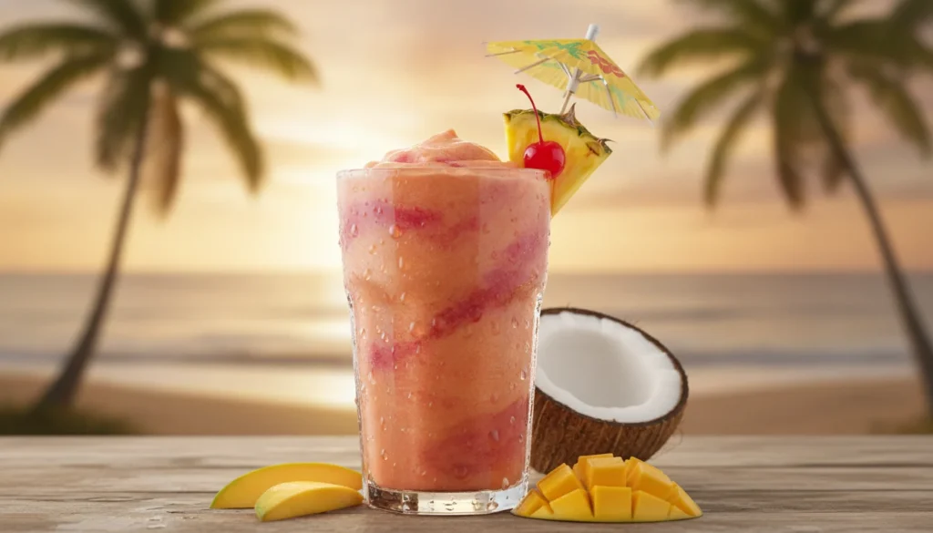 A vibrant Bahama Mama Tropical Smoothie, served in a clear glass with a colorful umbrella and fresh fruit garnishes, including a slice of pineapple and a cherry on top. The smoothie itself is a rich orange-pink color, textured, and creamy, reflecting its tropical flavors. In the foreground, droplets of condensation glisten on the glass, suggesting a refreshing chill. In the middle background, a few scattered tropical fruits like mangoes and coconuts create a lively scene. The background features a softly blurred beach setting with palm trees swaying gently in the breeze and the warm glow of a sunset casting golden light across the image. Aim for a relaxed, inviting atmosphere, with bright, vivid colors and a clear, crisp focus on the smoothie.