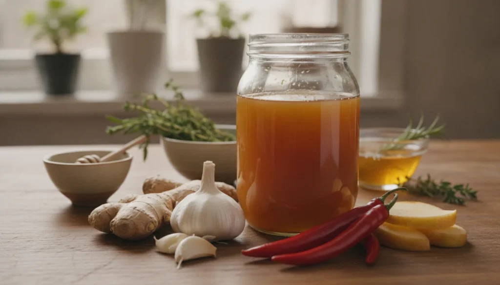 A vibrant and detailed tabletop arrangement showcasing the ingredients for fire cider. In the foreground, place a clear glass jar filled with freshly made fire cider, with bright orange hues visible. Surround the jar with whole ingredients: fresh ginger root, chopped garlic cloves, bright red chili peppers, and tangy apple slices. In the middle ground, feature small bowls of raw honey and herbs like thyme and rosemary, adding earthy tones. The background should show a rustic wooden kitchen countertop, softly lit by warm, diffused natural sunlight streaming in from a window. The atmosphere is cozy and inviting, capturing the essence of health and wellness. Use a shallow depth of field to gently blur the background, emphasizing the colorful ingredients. A vibrant and detailed tabletop arrangement showcasing the ingredients for fire cider. In the foreground, place a clear glass jar filled with freshly made fire cider, with bright orange hues visible. Surround the jar with whole ingredients: fresh ginger root, chopped garlic cloves, bright red chili peppers, and tangy apple slices. In the middle ground, feature small bowls of raw honey and herbs like thyme and rosemary, adding earthy tones. The background should show a rustic wooden kitchen countertop, softly lit by warm, diffused natural sunlight streaming in from a window. The atmosphere is cozy and inviting, capturing the essence of health and wellness. Use a shallow depth of field to gently blur the background, emphasizing the colorful ingredients.