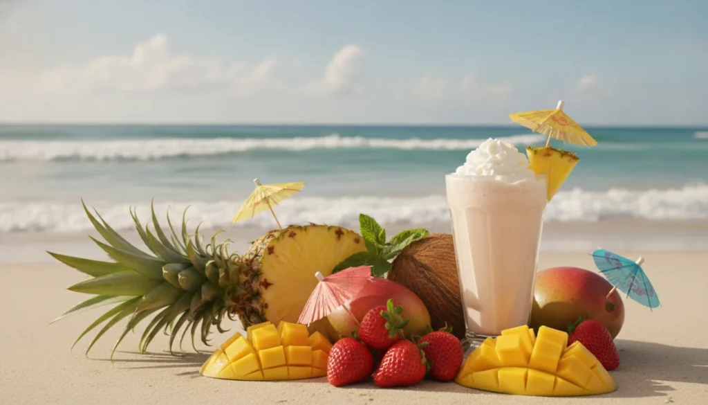 A vibrant display of Bahama Mama tropical smoothie ingredients. In the foreground, a ripe pineapple, a bunch of fresh strawberries, and a few slices of mango are arranged aesthetically, with colorful cocktail umbrellas and a glass filled with a creamy smoothie. In the middle, a fresh coconut and sprigs of mint are interspersed, adding a tropical flair. The background features a sunny beach scene with soft waves lapping at the shore and a bright blue sky dotted with fluffy white clouds, creating an inviting atmosphere. The lighting is warm and bright, mimicking natural sunlight, with a slight lens blur effect to emphasize the freshness of the ingredients. The image conveys a cheerful and refreshing summer vibe, perfect for a tropical smoothie recipe.