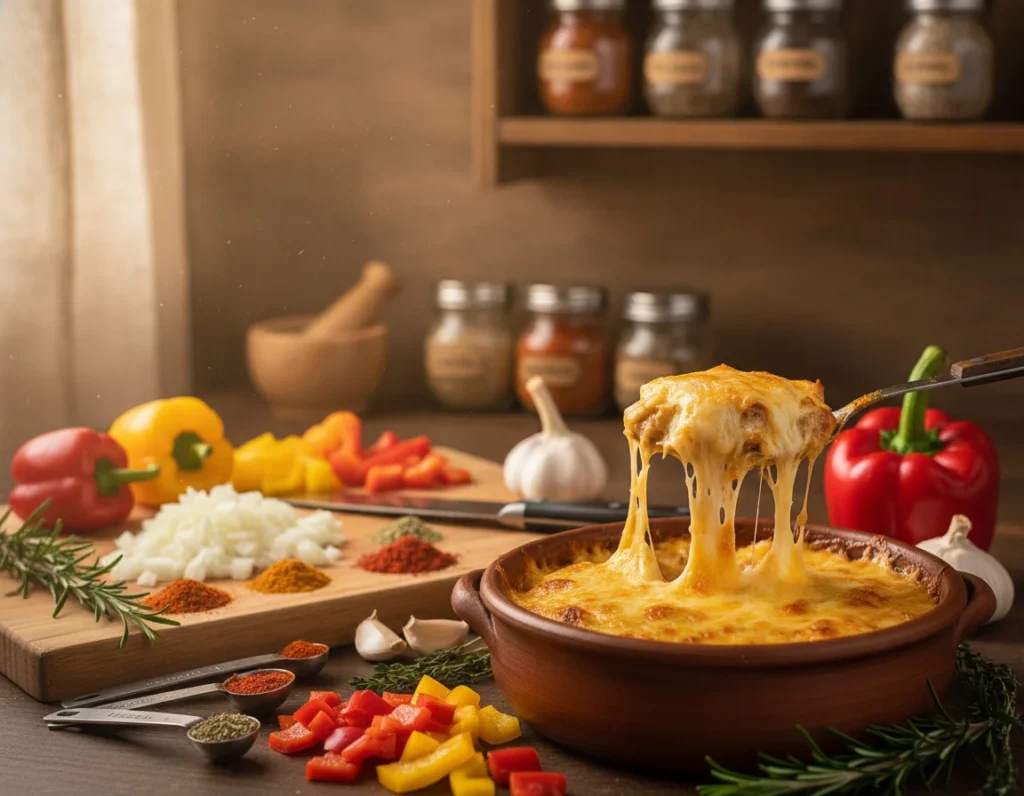 A vibrant kitchen countertop showcasing an array of essential ingredients for delicious cheesy chicken recipes. In the foreground, a freshly cooked cheesy chicken dish, golden and bubbly, served in a rustic bowl with melted cheese stretching enticingly. Surrounding it, colorful bell peppers, cloves of garlic, and sprigs of fresh herbs, all neatly arranged. In the middle, a wooden cutting board holds chopped onions and various spices, indicating preparation. The background features shelves with jars of spices and a warm, inviting kitchen atmosphere, bathed in soft, natural light. The mood is cozy and homey, perfect for quick and tasty meal preparations. Use a 35mm lens for a realistic depth of field, emphasizing the mouthwatering details.