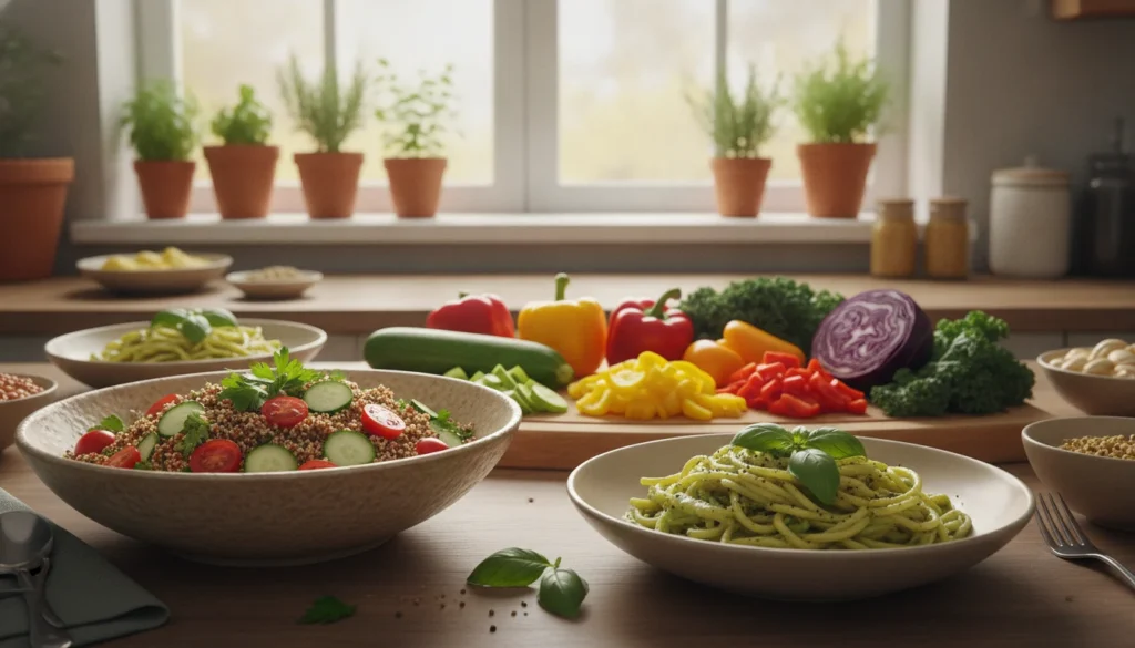 A vibrant kitchen scene showcasing an array of colorful meatless dishes. In the foreground, a beautifully arranged table features a variety of vegan meals: a hearty quinoa salad with cherry tomatoes, crisp cucumbers, and fresh herbs, alongside a bowl of creamy avocado pasta garnished with basil. The middle layer has a wooden cutting board with fresh vegetables like bell peppers, carrots, and leafy greens, highlighting the ingredients for substituting traditional proteins. In the background, soft natural light streams through a window, illuminating the space, creating a warm, inviting atmosphere. A few potted herbs add a touch of greenery, enhancing the overall mood of sustainability and health. The composition emphasizes the simplicity and accessibility of vegan cooking, inspiring viewers to explore meatless recipes.