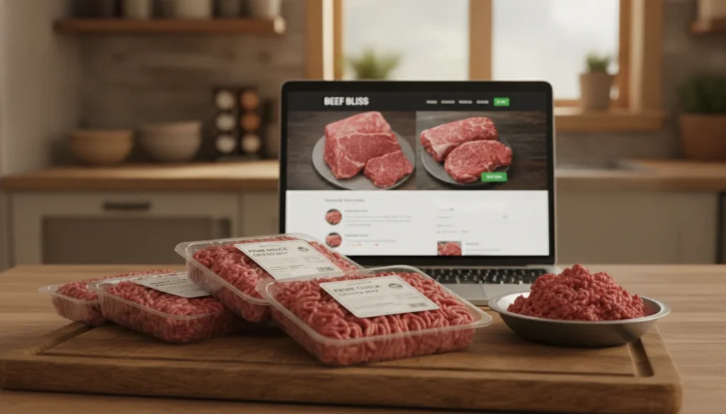 A visually appealing kitchen countertop scene showcasing a selection of fresh ground beef chuck in vibrant packaging, neatly arranged on a wooden cutting board. In the foreground, a close-up view reveals the rich red color and marbling of the beef, suggesting quality and freshness. The middle layer includes a laptop displaying a website for purchasing ground beef online, with clear images of the beef and user-friendly navigation. The background features a softly blurred kitchen environment with warm, inviting lighting, creating an atmosphere of home-cooking joy. The scene exudes a sense of accessibility and modern convenience, emphasizing the ease of buying quality ingredients online. Use a shallow depth of field to focus on the beef and the laptop while keeping the background softly diffused. A visually appealing kitchen countertop scene showcasing a selection of fresh ground beef chuck in vibrant packaging, neatly arranged on a wooden cutting board. In the foreground, a close-up view reveals the rich red color and marbling of the beef, suggesting quality and freshness. The middle layer includes a laptop displaying a website for purchasing ground beef online, with clear images of the beef and user-friendly navigation. The background features a softly blurred kitchen environment with warm, inviting lighting, creating an atmosphere of home-cooking joy. The scene exudes a sense of accessibility and modern convenience, emphasizing the ease of buying quality ingredients online. Use a shallow depth of field to focus on the beef and the laptop while keeping the background softly diffused.