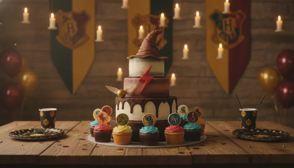 A whimsical Harry Potter-themed birthday cake sits atop a wooden table, featuring layers of chocolate and vanilla frosting, decorated with fondant elements resembling the Sorting Hat, a golden snitch, and a miniature lightning bolt. The cake is surrounded by colorful cupcakes topped with small edible Hogwarts house crests. In the background, a softly lit room filled with magical decorations such as floating candles and banners of Hogwarts houses adds to the enchanting atmosphere. Warm, inviting lighting casts a golden glow across the scene, emphasizing the cake's rich textures and details. The table is set for a celebration, perfectly capturing the excitement and joy of a Harry Potter-themed birthday party aimed at children. A whimsical Harry Potter-themed birthday cake sits atop a wooden table, featuring layers of chocolate and vanilla frosting, decorated with fondant elements resembling the Sorting Hat, a golden snitch, and a miniature lightning bolt. The cake is surrounded by colorful cupcakes topped with small edible Hogwarts house crests. In the background, a softly lit room filled with magical decorations such as floating candles and banners of Hogwarts houses adds to the enchanting atmosphere. Warm, inviting lighting casts a golden glow across the scene, emphasizing the cake's rich textures and details. The table is set for a celebration, perfectly capturing the excitement and joy of a Harry Potter-themed birthday party aimed at children.