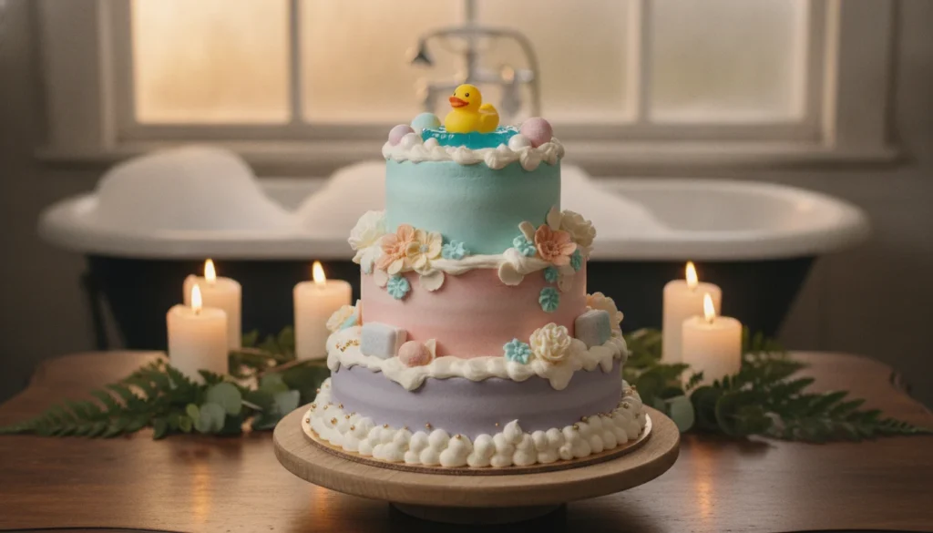 A whimsical, beautifully decorated Bath Day Cake, uniquely designed to celebrate relaxation and joy. The cake is multi-tiered, with layers of pastel-colored sponge and fluffy frosting, adorned with miniature bath accessories like rubber ducks, bath bombs, and delicate flowers. In the foreground, a soft-focus view highlights the intricate details of the cake, showcasing its smooth frosting and vibrant decorations. The middle ground features an elegant table setting with lush greenery and candles, creating a cozy atmosphere. In the background, a serene bathroom setting with a bubble-filled tub, softly lit by warm, ambient lighting. The mood is cheerful and inviting, evoking feelings of celebration and tranquility. The image captures the essence of a special occasion, inviting viewers to indulge in the unique concept of a Bath Day Cake. A whimsical, beautifully decorated Bath Day Cake, uniquely designed to celebrate relaxation and joy. The cake is multi-tiered, with layers of pastel-colored sponge and fluffy frosting, adorned with miniature bath accessories like rubber ducks, bath bombs, and delicate flowers. In the foreground, a soft-focus view highlights the intricate details of the cake, showcasing its smooth frosting and vibrant decorations. The middle ground features an elegant table setting with lush greenery and candles, creating a cozy atmosphere. In the background, a serene bathroom setting with a bubble-filled tub, softly lit by warm, ambient lighting. The mood is cheerful and inviting, evoking feelings of celebration and tranquility. The image captures the essence of a special occasion, inviting viewers to indulge in the unique concept of a Bath Day Cake.