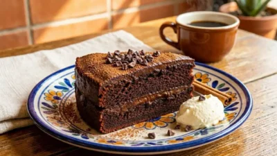 Slice of rich Mexican chocolate cake with cinnamon and cacao nibs — mexican chocolate cake