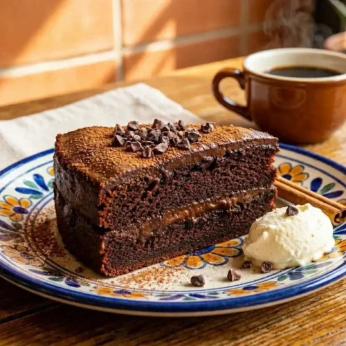 Slice of rich Mexican chocolate cake with cinnamon and cacao nibs — mexican chocolate cake