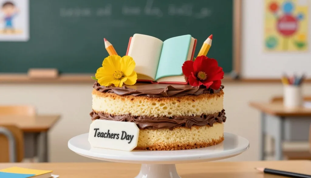 A beautifully decorated cake for Teachers Day features a moist vanilla sponge layered with rich chocolate cream, elegantly displayed on a white, tiered stand. The top of the cake is adorned with fresh flowers in vibrant colors like yellow and red, along with edible decorations shaped like books and pencils. In the foreground, a customizable name tag is elegantly placed atop the cake, inviting personalization. Soft, natural lighting highlights the cake's intricate details, casting gentle shadows that enhance its three-dimensional appearance. The background is a cozy classroom setting, complete with a chalkboard and colorful posters, creating a warm and inviting atmosphere. This scene captures the joy and appreciation of celebrating a teacher’s hard work. A beautifully decorated cake for Teachers Day features a moist vanilla sponge layered with rich chocolate cream, elegantly displayed on a white, tiered stand. The top of the cake is adorned with fresh flowers in vibrant colors like yellow and red, along with edible decorations shaped like books and pencils. In the foreground, a customizable name tag is elegantly placed atop the cake, inviting personalization. Soft, natural lighting highlights the cake's intricate details, casting gentle shadows that enhance its three-dimensional appearance. The background is a cozy classroom setting, complete with a chalkboard and colorful posters, creating a warm and inviting atmosphere. This scene captures the joy and appreciation of celebrating a teacher’s hard work.