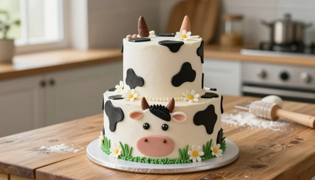 A beautifully decorated cow cake sits on a rustic wooden table, showcasing intricate details. The cake, envisioned as a three-tiered masterpiece, features smooth white frosting resembling cowhide patterns in black and brown shades. Fresh daisies and edible grass embellish the bottom tier, while playful chocolate candies form the eyes and nostrils of a cute cow face on the front. Soft, natural lighting from a nearby window highlights the cake's glossy finish, creating a warm, inviting atmosphere. In the background, a blurred kitchen setting reveals baking tools and flour-dusted surfaces, enhancing the homely feel without distracting from the main attraction. The angle of the shot is slightly elevated, capturing both the top decorations and the overall height of the cake, making it perfect for a tutorial-like illustration. A beautifully decorated cow cake sits on a rustic wooden table, showcasing intricate details. The cake, envisioned as a three-tiered masterpiece, features smooth white frosting resembling cowhide patterns in black and brown shades. Fresh daisies and edible grass embellish the bottom tier, while playful chocolate candies form the eyes and nostrils of a cute cow face on the front. Soft, natural lighting from a nearby window highlights the cake's glossy finish, creating a warm, inviting atmosphere. In the background, a blurred kitchen setting reveals baking tools and flour-dusted surfaces, enhancing the homely feel without distracting from the main attraction. The angle of the shot is slightly elevated, capturing both the top decorations and the overall height of the cake, making it perfect for a tutorial-like illustration.
