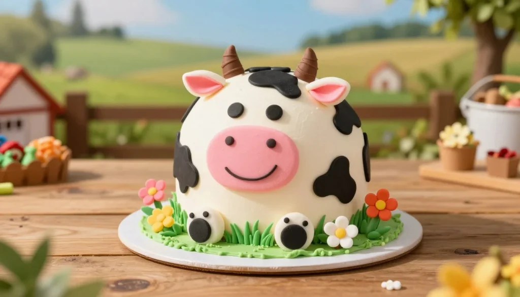 A beautifully decorated cow-themed cake, artfully presented on a rustic wooden table. The cake, designed to resemble a jovial cartoon cow, features a smooth white frosting with black spots, bright pink ears, and a whimsical smile. Surrounding the cake, a variety of colorful edible decorations like vibrant flowers, grass made of green icing, and small farm animal figurines create a cheerful setting. Soft, warm lighting enhances the whimsical atmosphere, casting gentle shadows that add depth. In the background, a blurred, pastoral landscape suggests a sunny farm, with hints of green fields and a blue sky. Capture the scene with a slight overhead angle to showcase the cake's details while maintaining the inviting ambiance. The overall mood is joyful and playful, perfect for celebrating a special occasion. A beautifully decorated cow-themed cake, artfully presented on a rustic wooden table. The cake, designed to resemble a jovial cartoon cow, features a smooth white frosting with black spots, bright pink ears, and a whimsical smile. Surrounding the cake, a variety of colorful edible decorations like vibrant flowers, grass made of green icing, and small farm animal figurines create a cheerful setting. Soft, warm lighting enhances the whimsical atmosphere, casting gentle shadows that add depth. In the background, a blurred, pastoral landscape suggests a sunny farm, with hints of green fields and a blue sky. Capture the scene with a slight overhead angle to showcase the cake's details while maintaining the inviting ambiance. The overall mood is joyful and playful, perfect for celebrating a special occasion.