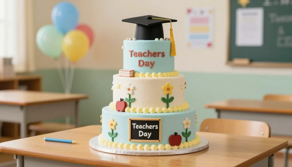 A beautifully designed Teachers Day cake sits on an elegant wooden table, surrounded by colorful school-themed decorations. The cake is three tiers high, featuring soft pastel colors like light blue, yellow, and white. Each tier is adorned with intricate fondant decorations: the first tier showcases small book and apple designs, the second tier has delicate flowers and a chalkboard motif, while the top tier features a cheerful graduation cap. In the background, a softly blurred classroom setting is visible, with colorful balloons and motivational posters adding a festive atmosphere. The lighting is warm and inviting, creating a cozy mood that conveys appreciation and celebration. The perspective is slightly angled from the front, capturing the full splendor of the cake and its details. A beautifully designed Teachers Day cake sits on an elegant wooden table, surrounded by colorful school-themed decorations. The cake is three tiers high, featuring soft pastel colors like light blue, yellow, and white. Each tier is adorned with intricate fondant decorations: the first tier showcases small book and apple designs, the second tier has delicate flowers and a chalkboard motif, while the top tier features a cheerful graduation cap. In the background, a softly blurred classroom setting is visible, with colorful balloons and motivational posters adding a festive atmosphere. The lighting is warm and inviting, creating a cozy mood that conveys appreciation and celebration. The perspective is slightly angled from the front, capturing the full splendor of the cake and its details.